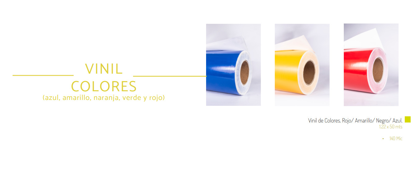 Vinil de Colores. Rojo/ Amarillo/ Negro/ Azul. 1.22 x 50 mts • 140 Mic
